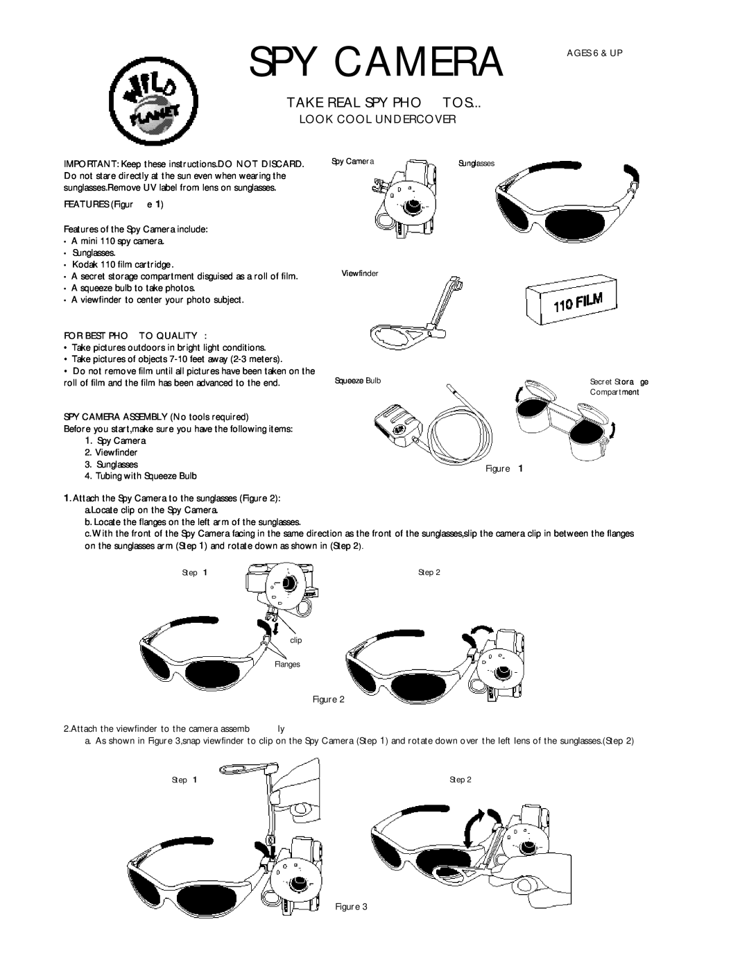 Wild Planet Webcam manual FEATURES Figur e, For Best Pho To Quality, SPY CAMERA ASSEMBLY No tools required, Spy Camera 