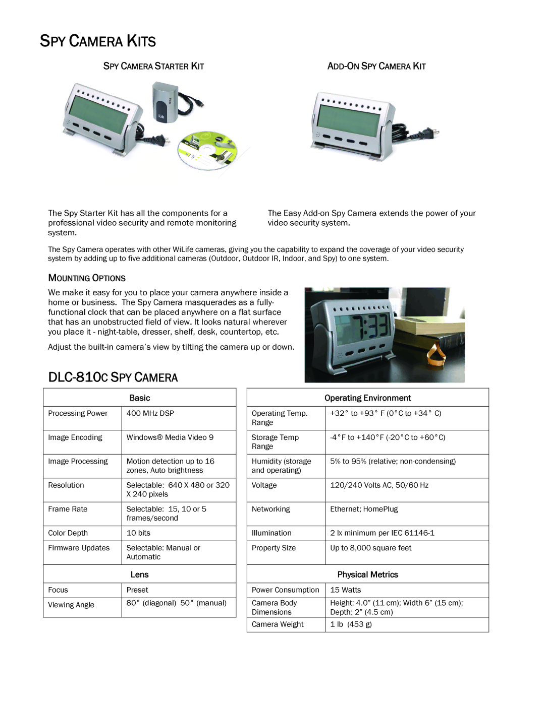 WiLife Spy Camera manual SPY Camera Starter KIT, Mounting Options 