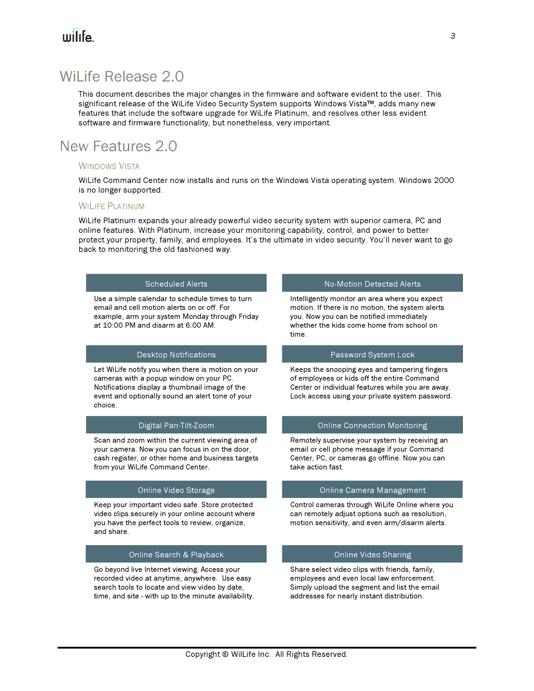 WiLife V2.0 manual WiLife Release, New Features, Windows Vista, Wilife Platinum 
