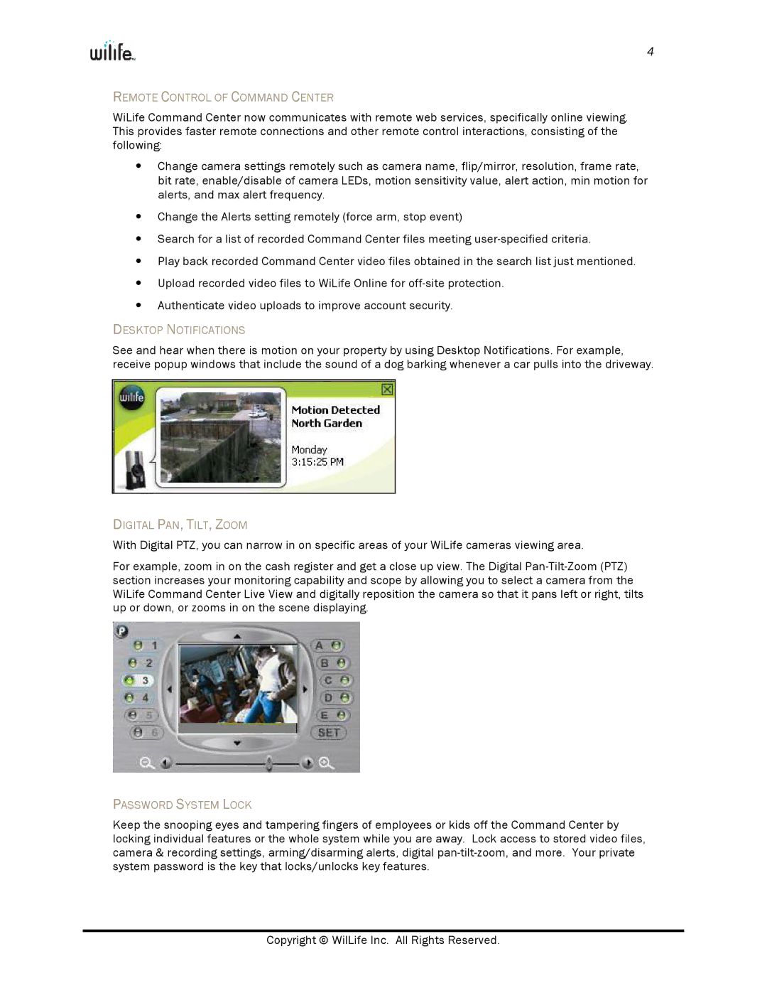WiLife V2.0 manual Remote Control of Command Center, Desktop Notifications, Digital PAN, TILT, Zoom, Password System Lock 