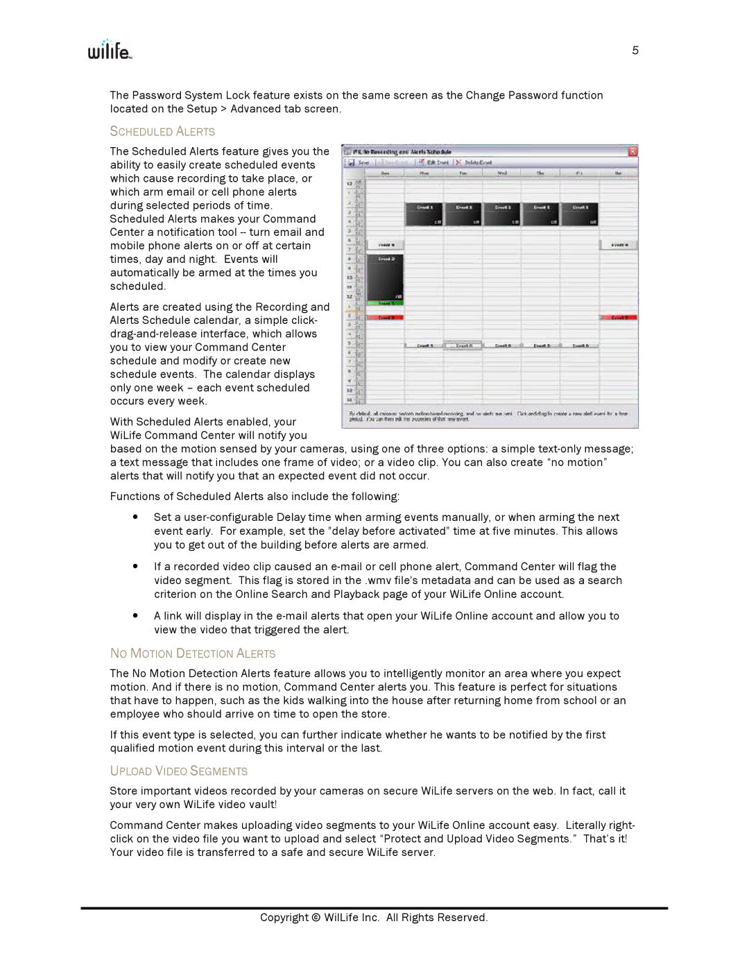 WiLife V2.0 manual Scheduled Alerts, No Motion Detection Alerts, Upload Video Segments 
