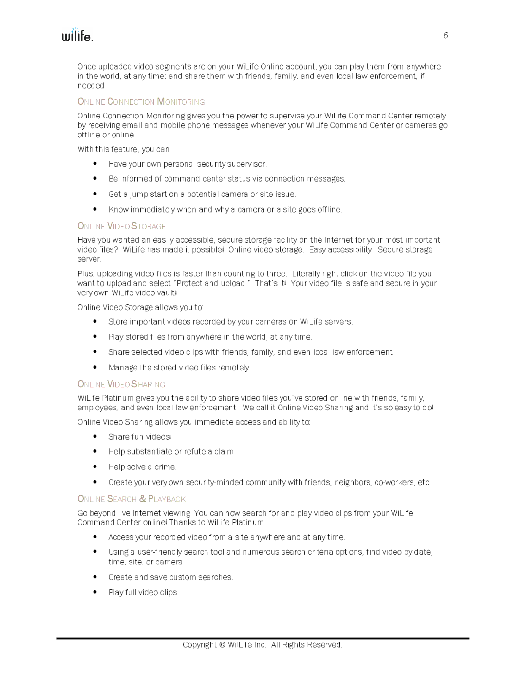 WiLife V2.0 manual Online Connection Monitoring, Online Video Storage, Online Video Sharing, Online Search & Playback 