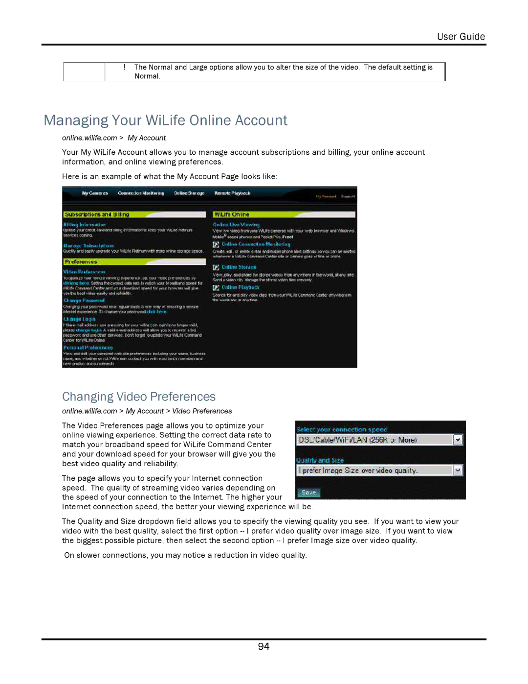 WiLife V2.1 manual Managing Your WiLife Online Account, Changing Video Preferences 