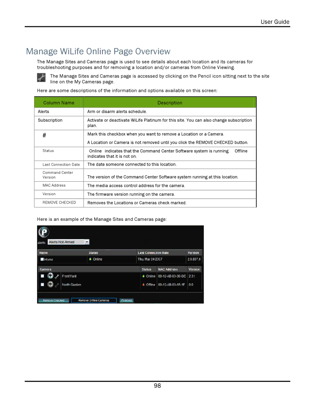 WiLife V2.1 manual Manage WiLife Online Page Overview, Line on the My Cameras, Column Name Description 