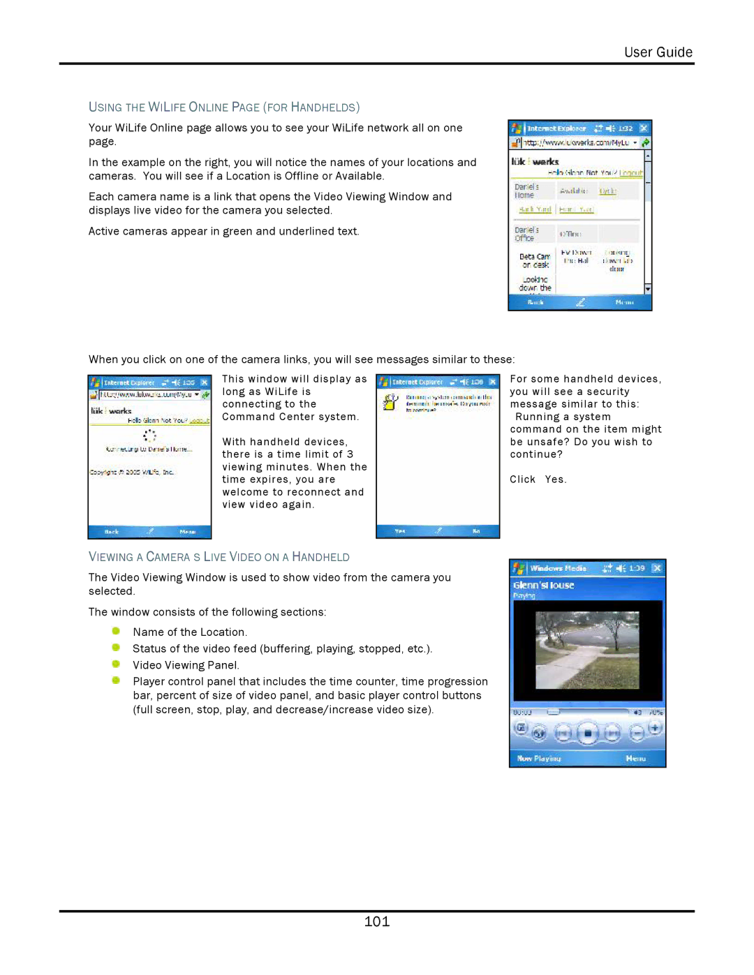 WiLife V2.1 manual Using the Wilife Online page for Handhelds, Viewing a Camera ’S Live Video on a Handheld 