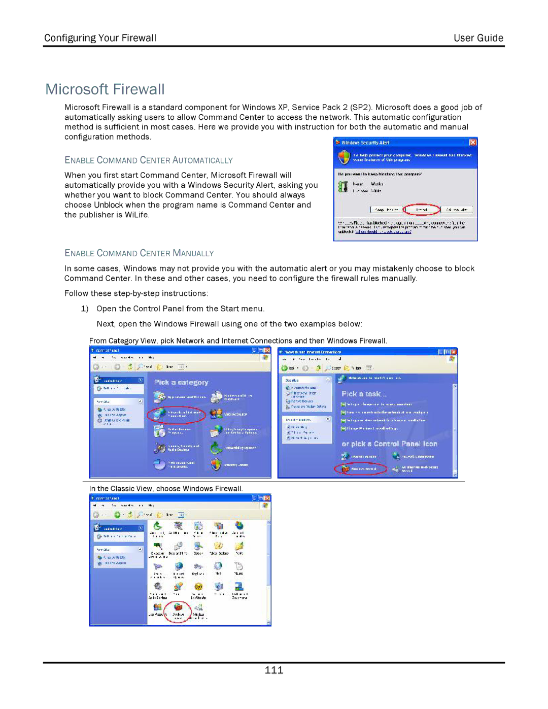 WiLife V2.1 manual Microsoft Firewall, Enable Command Center Automatically, Enable Command Center Manually 