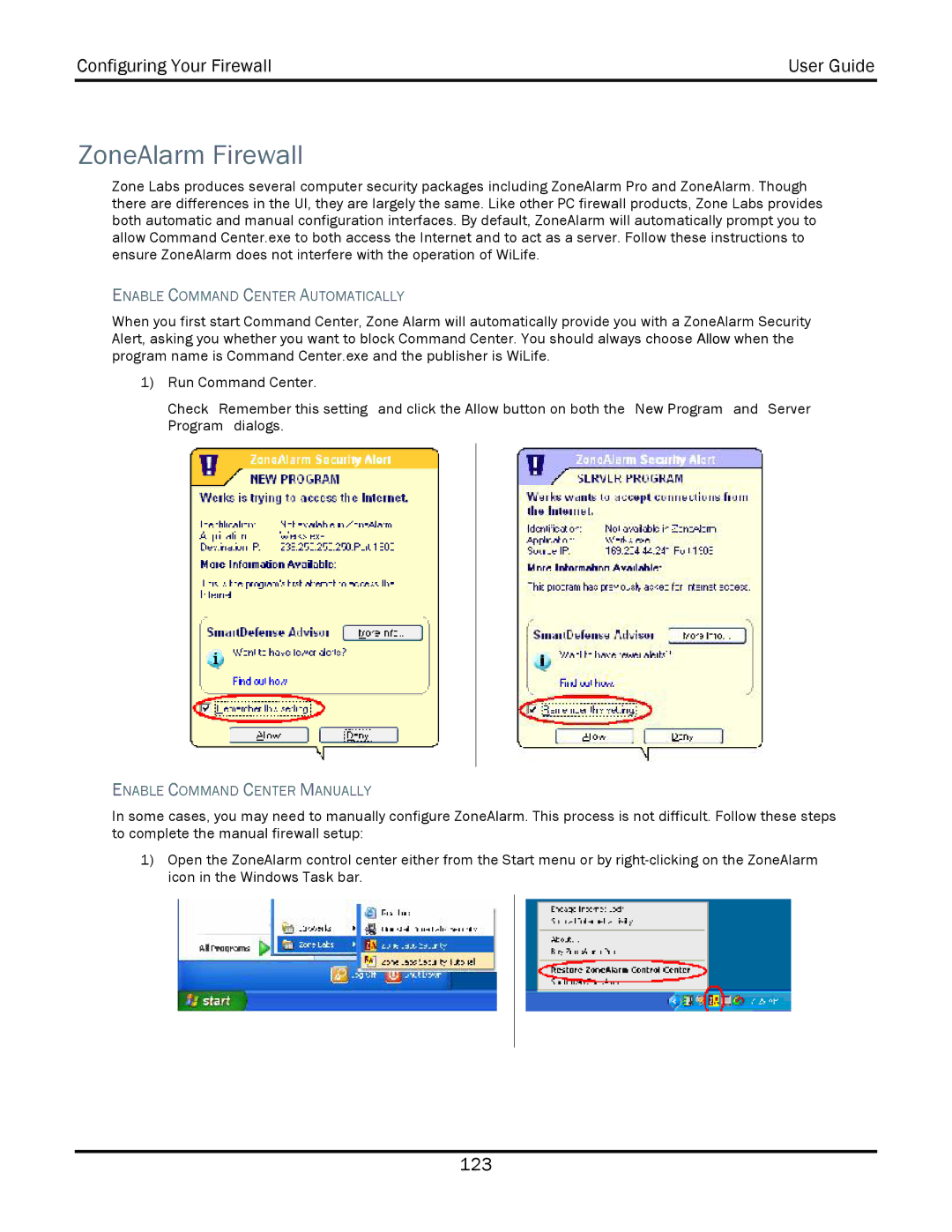 WiLife V2.1 manual ZoneAlarm Firewall, Enable Command Center Automatically 