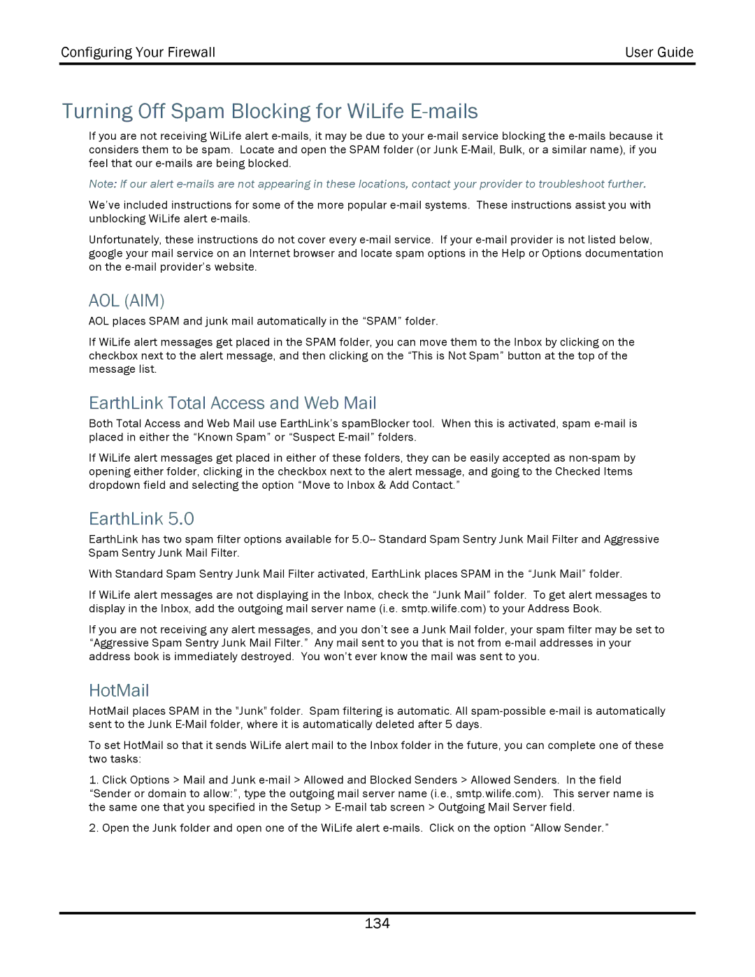 WiLife V2.1 manual Turning Off Spam Blocking for WiLife E-mails, EarthLink Total Access and Web Mail, HotMail 