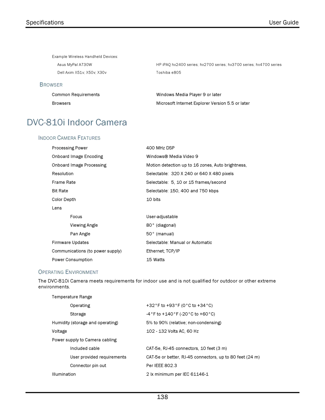 WiLife V2.1 manual DVC-810i Indoor Camera, Indoor Camera Features, Operating Environment 