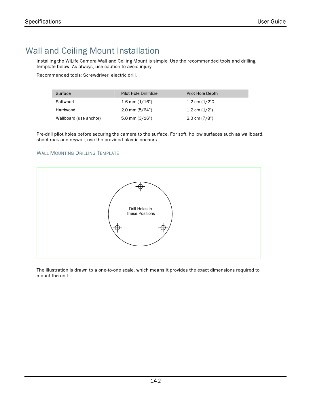 WiLife V2.1 manual Wall and Ceiling Mount Installation, Wall Mounting Drilling Template 