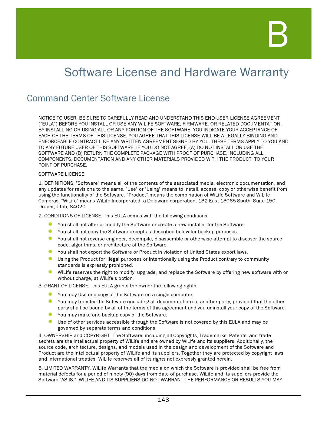 WiLife V2.1 manual Software License and Hardware Warranty, Command Center Software License 