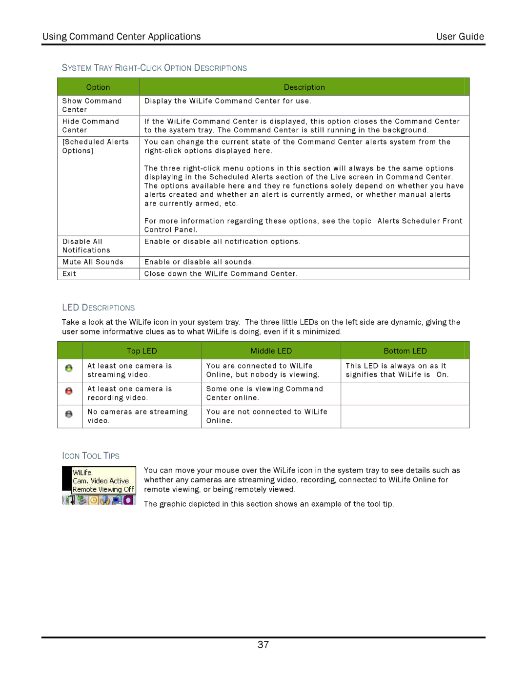 WiLife V2.1 System Tray RIGHT-CLICK Option Descriptions, LED Descriptions, Top LED Middle LED Bottom LED, Icon Tool Tips 