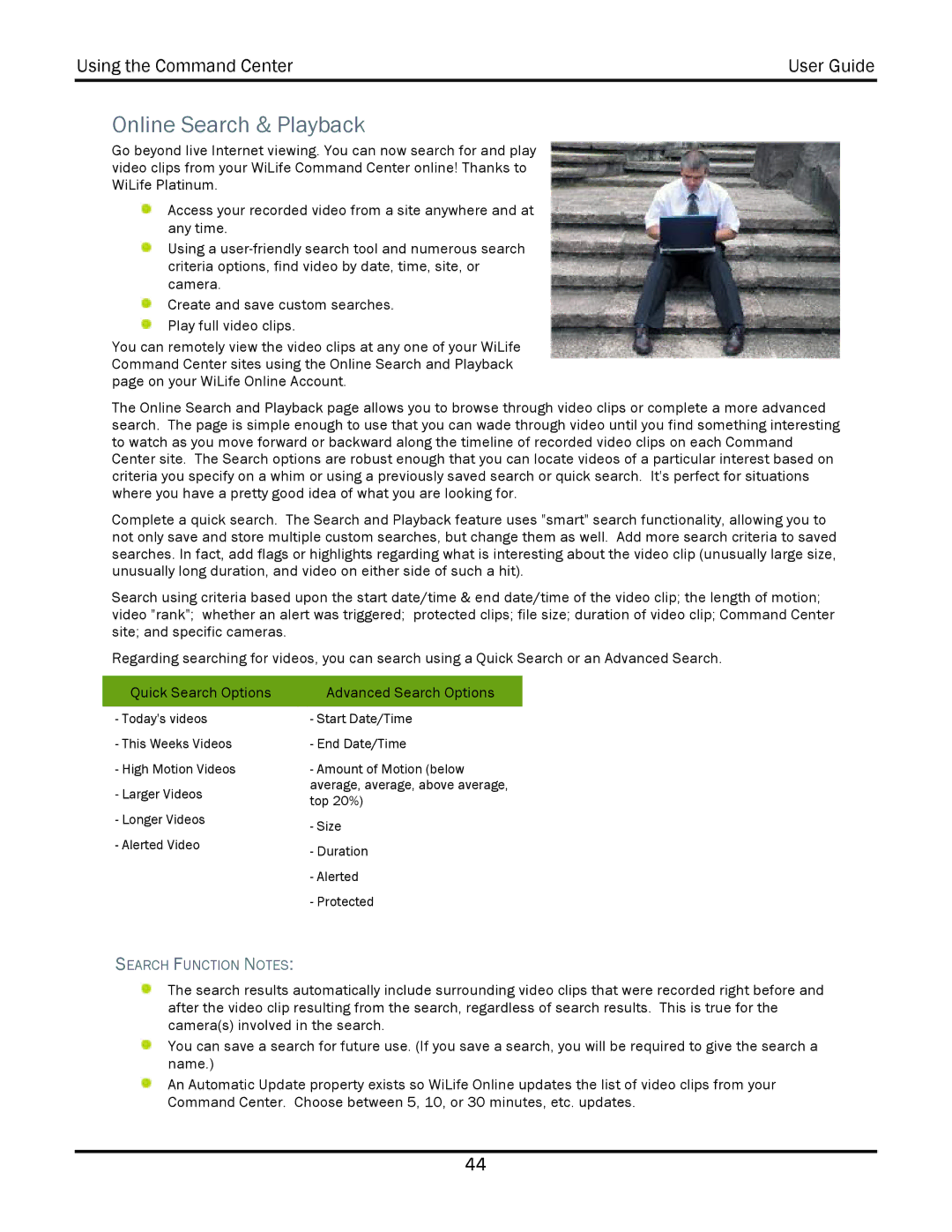 WiLife V2.1 Online Search & Playback, Command Center sites using the Online Search and Playback, Search Function Notes 