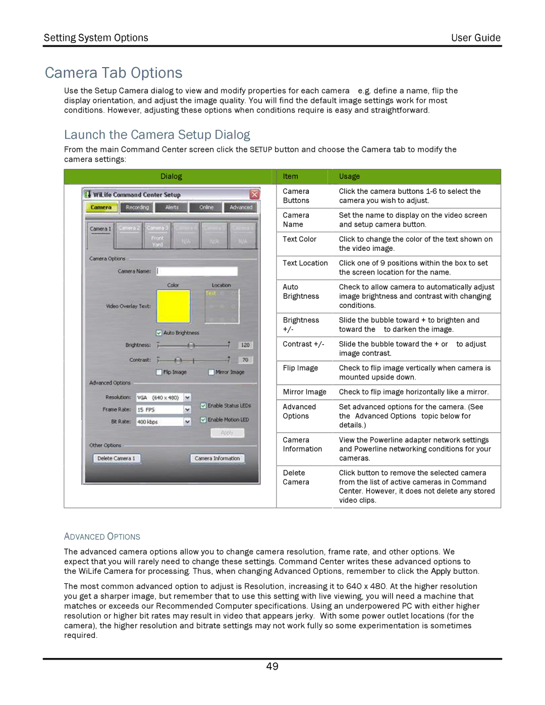 WiLife V2.1 manual Camera Tab Options, Launch the Camera Setup Dialog, Advanced Options 