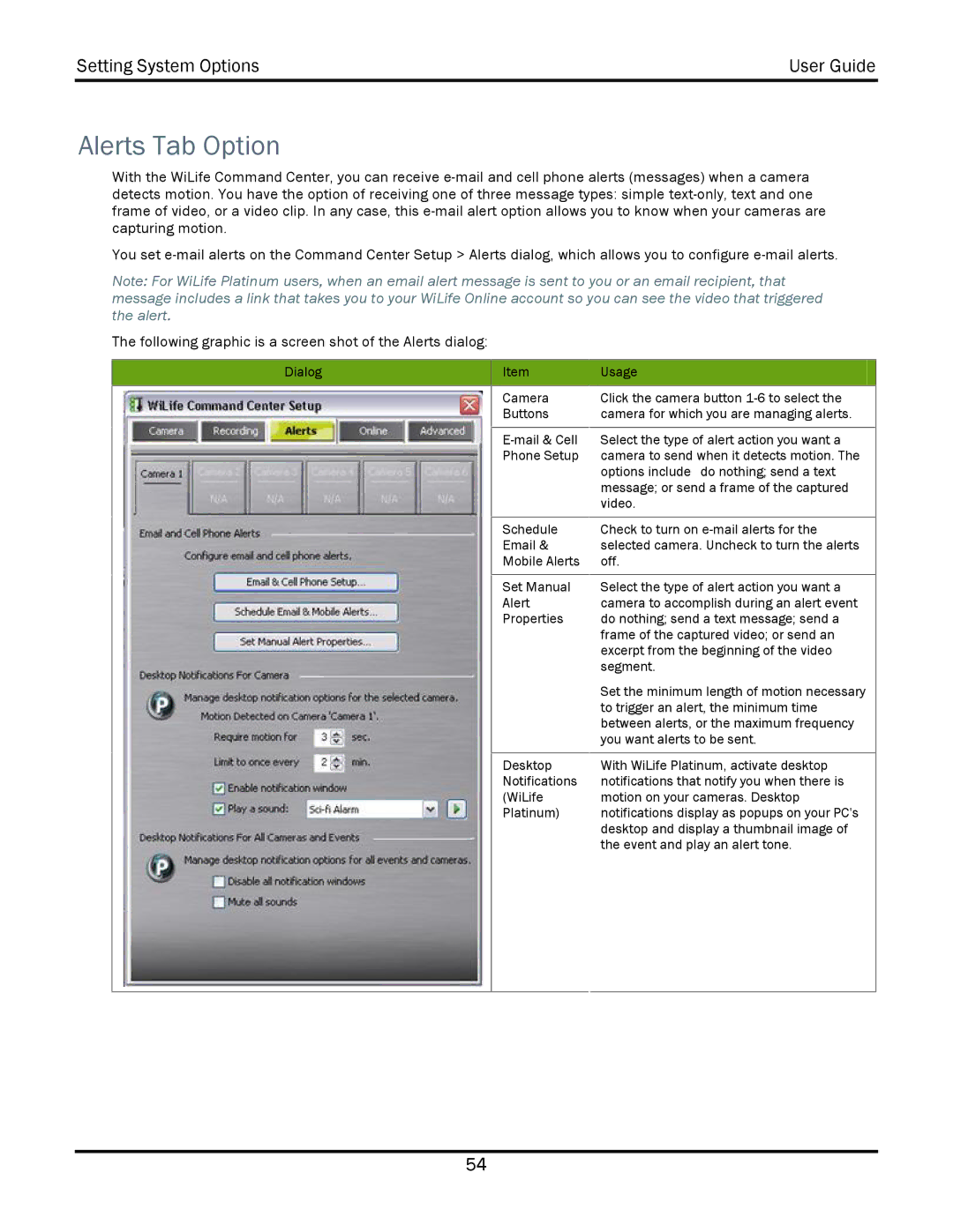 WiLife V2.1 manual Alerts Tab Option 