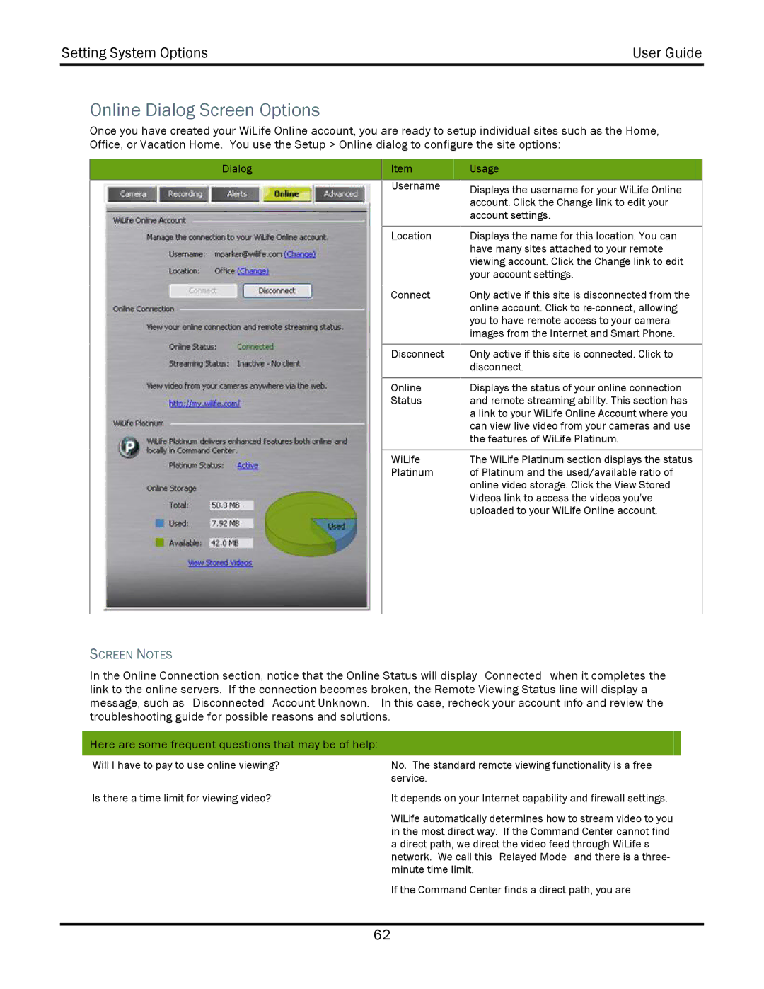 WiLife V2.1 manual Online Dialog Screen Options, Screen Notes 