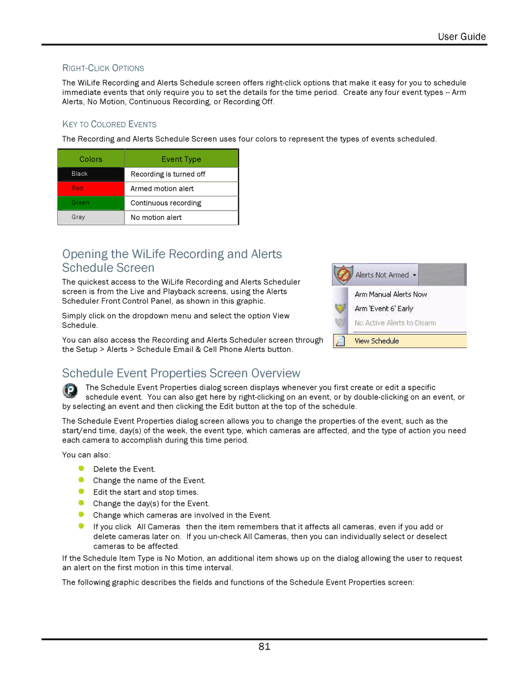 WiLife V2.1 manual Opening the WiLife Recording and Alerts Schedule Screen, Schedule Event Properties Screen Overview 