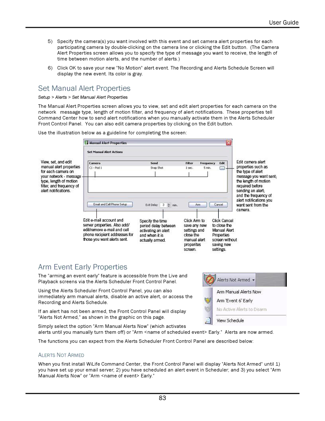 WiLife V2.1 manual Set Manual Alert Properties, Arm Event Early Properties, Alerts not Armed 