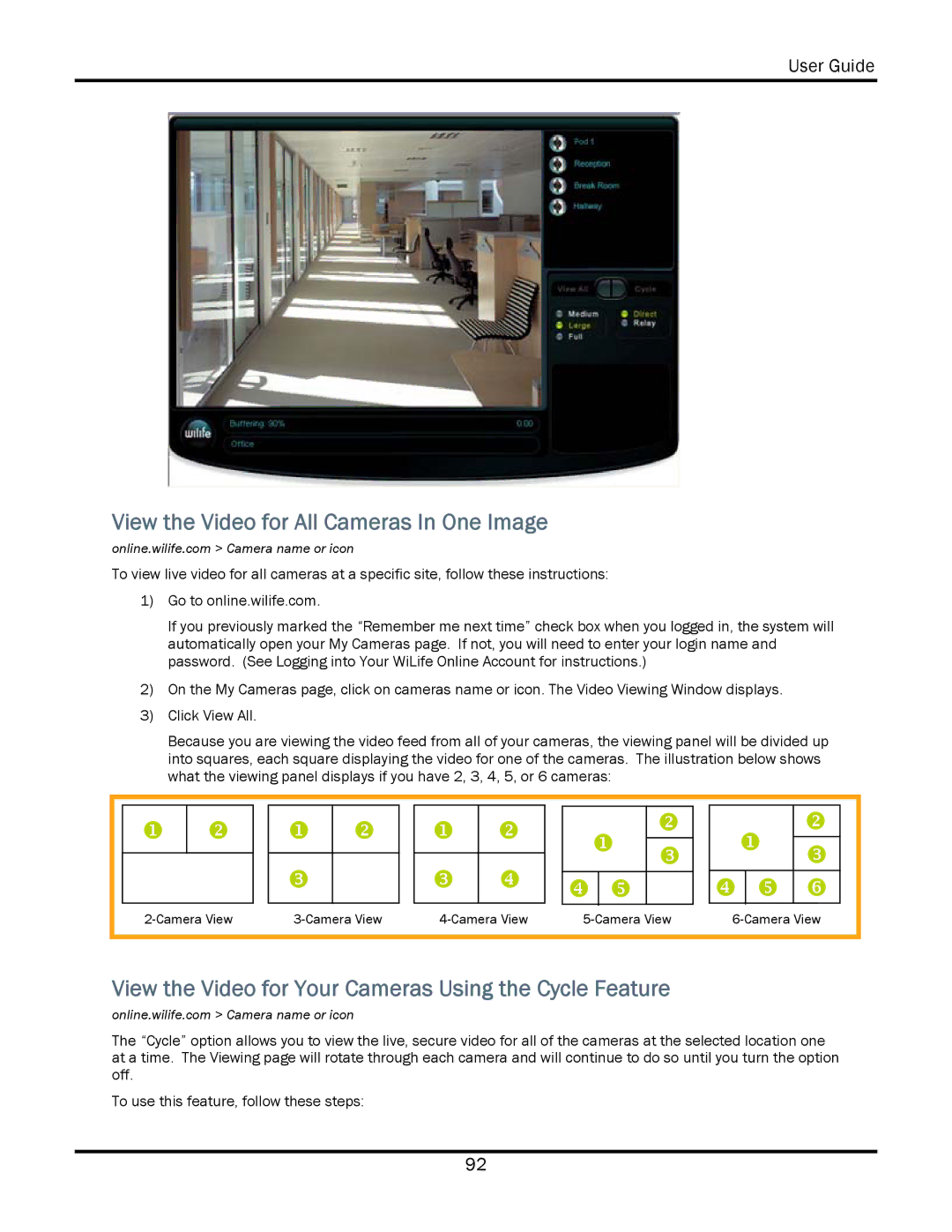 WiLife V2.5 manual View the Video for All Cameras In One Image, View the Video for Your Cameras Using the Cycle Feature 