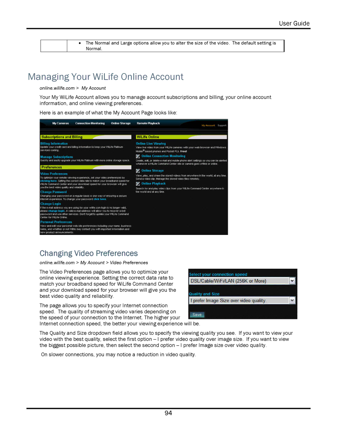 WiLife V2.5 manual Managing Your WiLife Online Account, Changing Video Preferences 