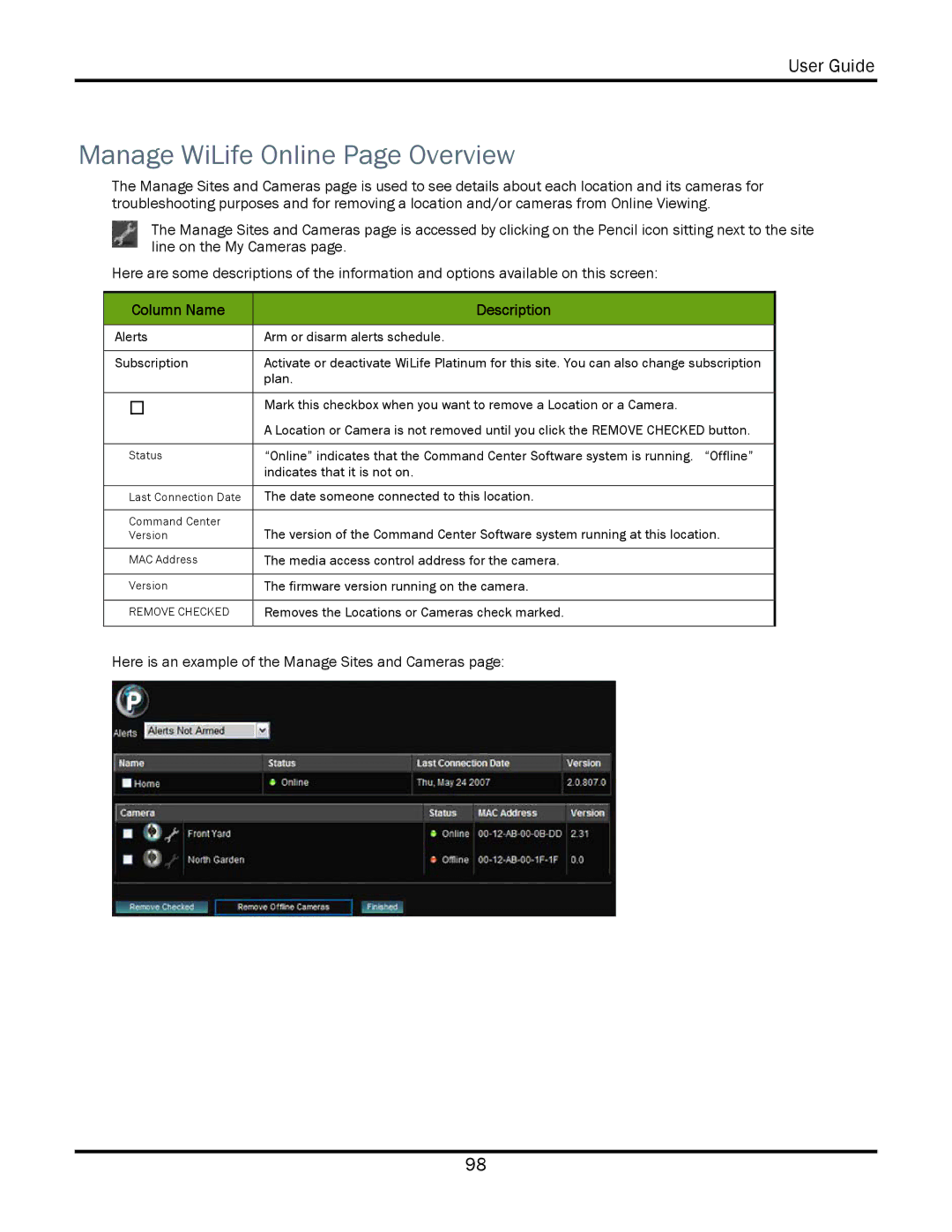 WiLife V2.5 manual Manage WiLife Online Page Overview, Column Name Description 