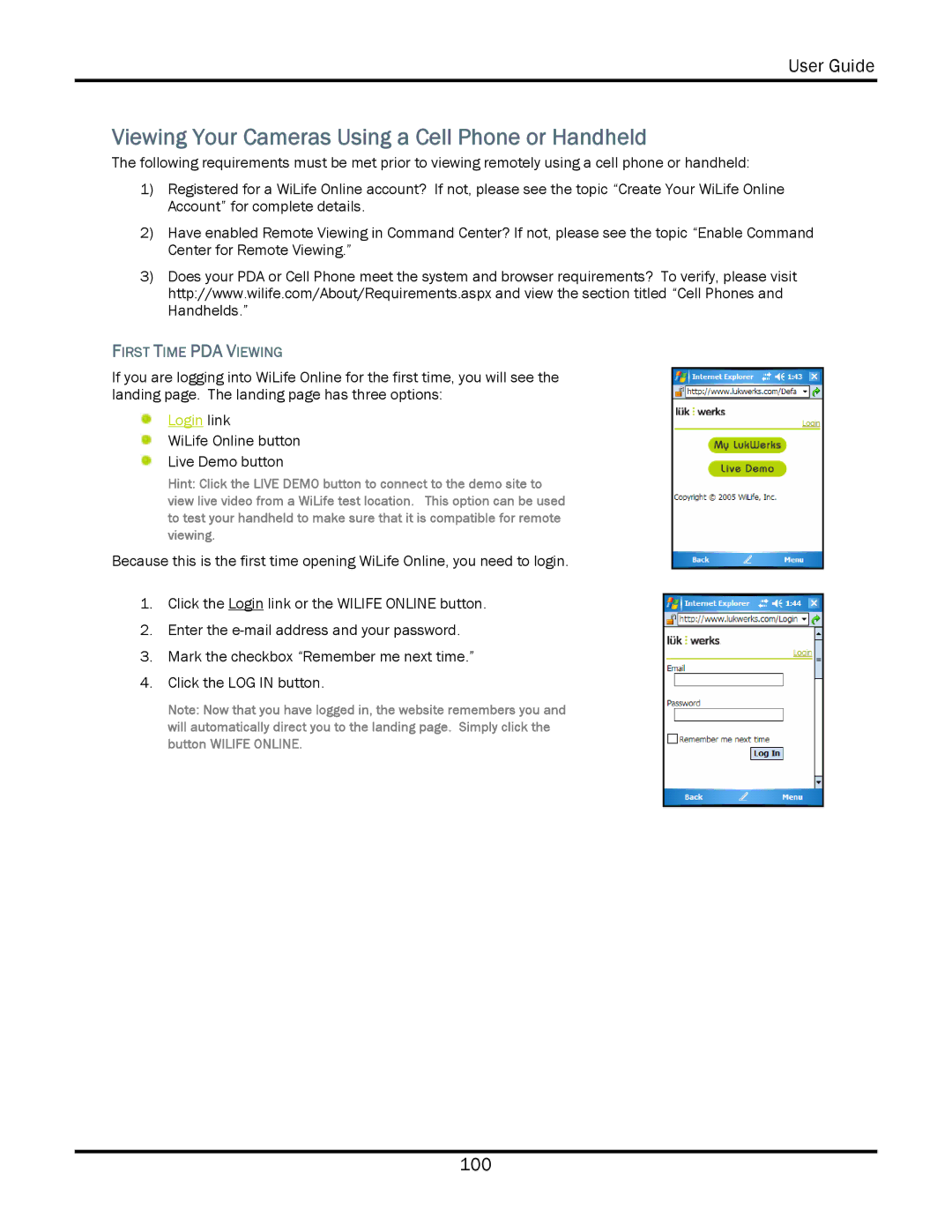 WiLife V2.5 manual Viewing Your Cameras Using a Cell Phone or Handheld, First Time PDA Viewing 