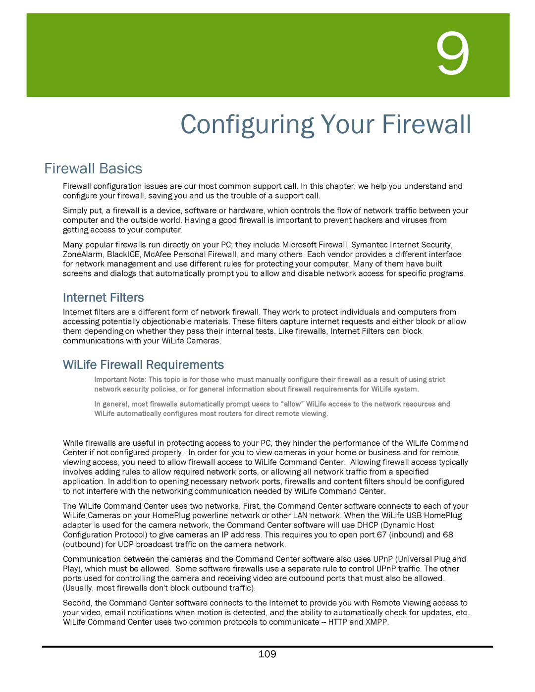 WiLife V2.5 manual Firewall Basics, Internet Filters, WiLife Firewall Requirements 