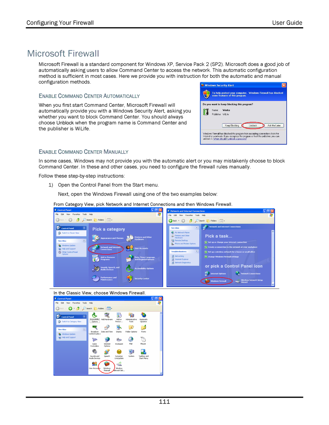 WiLife V2.5 manual Microsoft Firewall, Enable Command Center Automatically, Enable Command Center Manually 