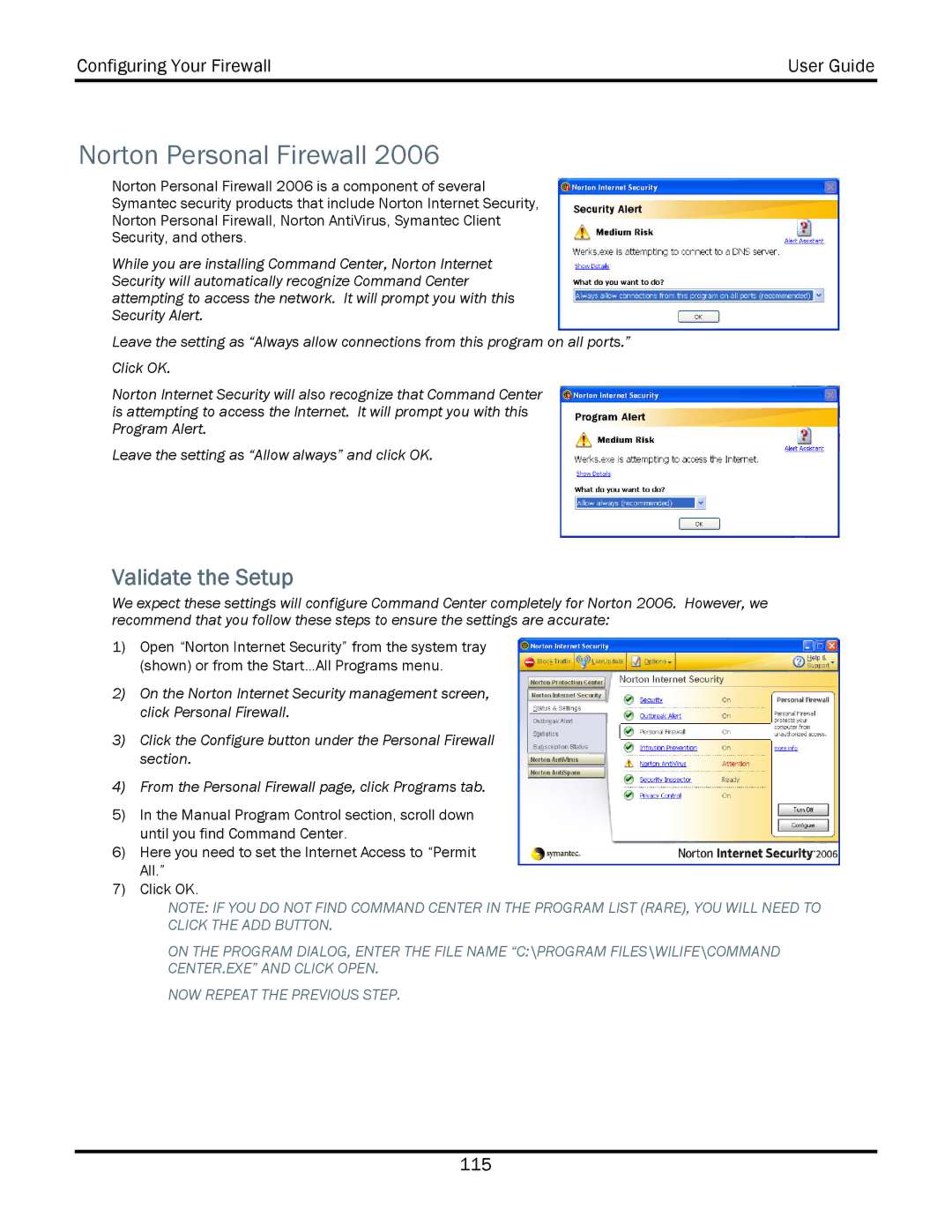 WiLife V2.5 manual Norton Personal Firewall, Validate the Setup 