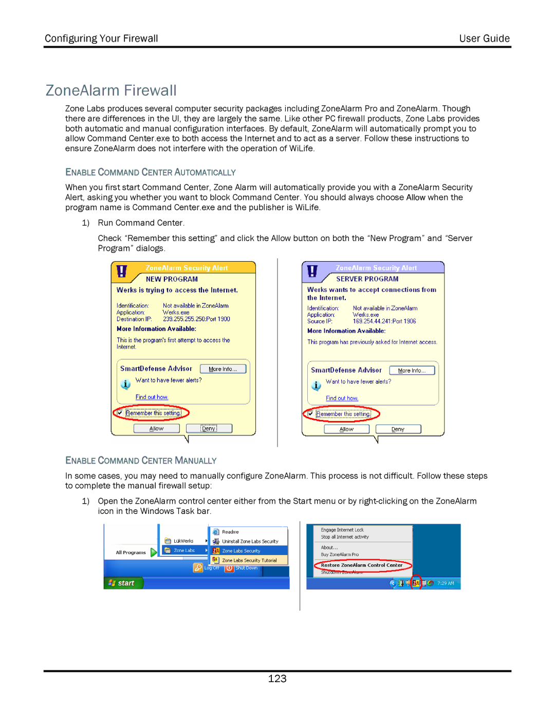 WiLife V2.5 manual ZoneAlarm Firewall, Enable Command Center Automatically 