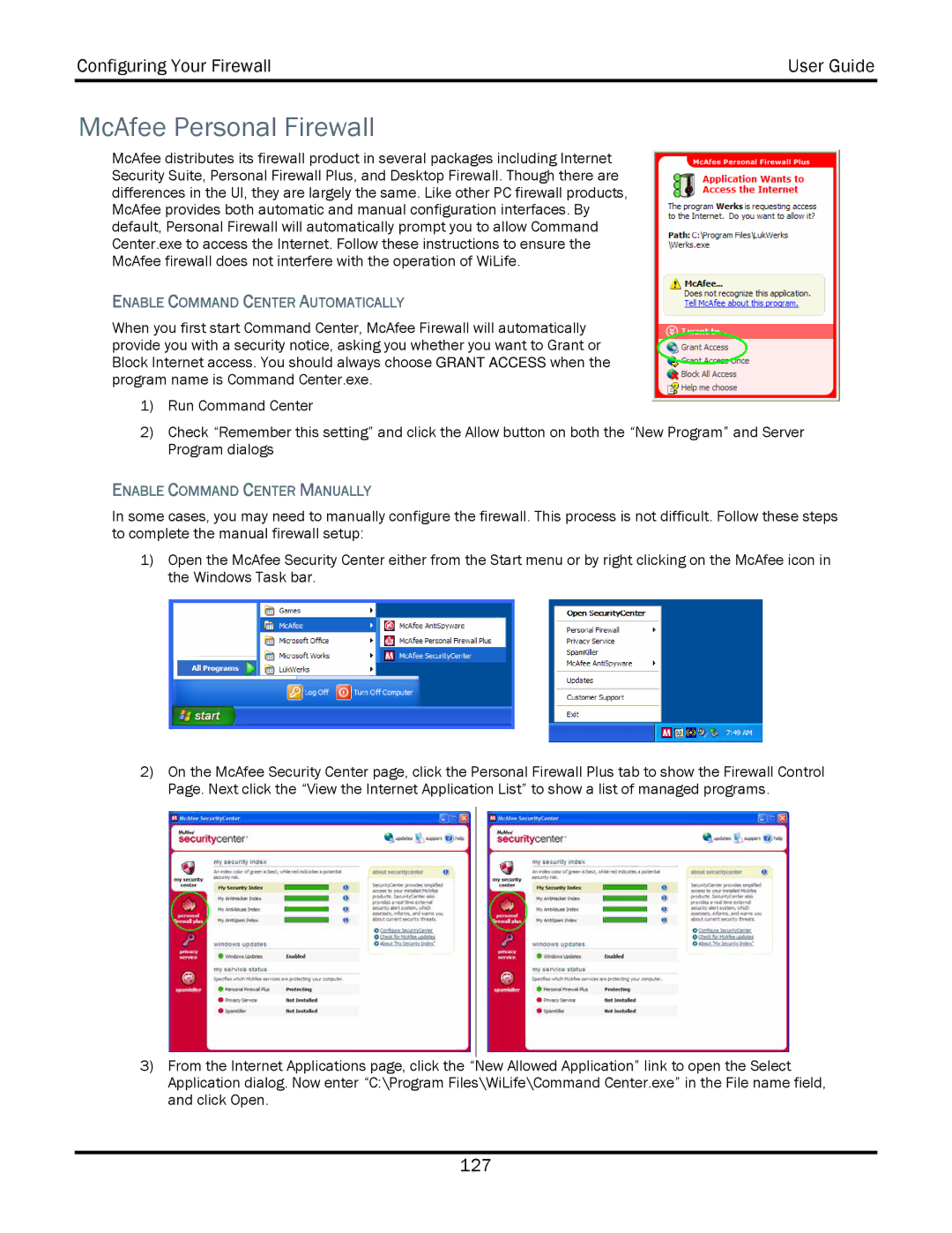 WiLife V2.5 manual McAfee Personal Firewall, Enable Command Center Automatically 