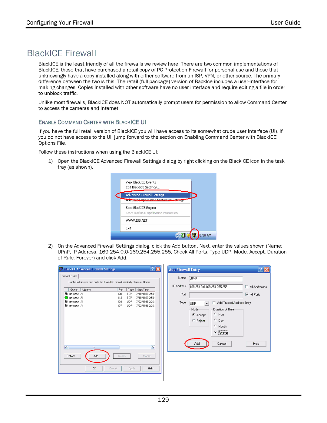 WiLife V2.5 manual BlackICE Firewall, Enable Command Center with Blackice UI 