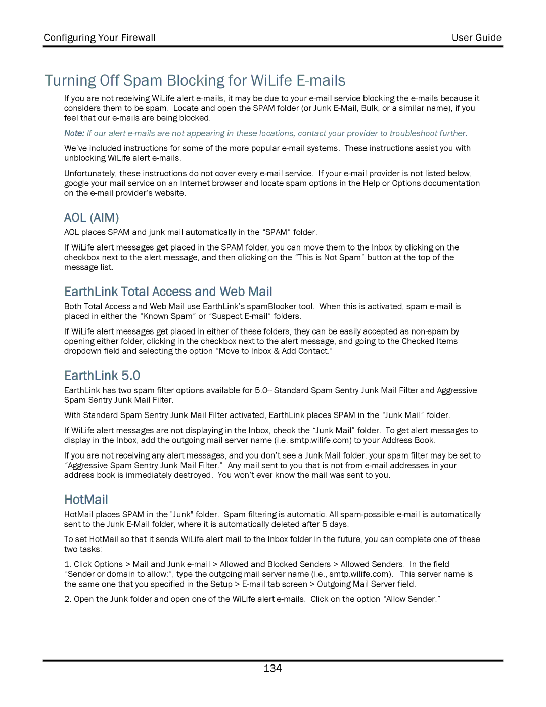 WiLife V2.5 manual Turning Off Spam Blocking for WiLife E-mails, EarthLink Total Access and Web Mail, HotMail 