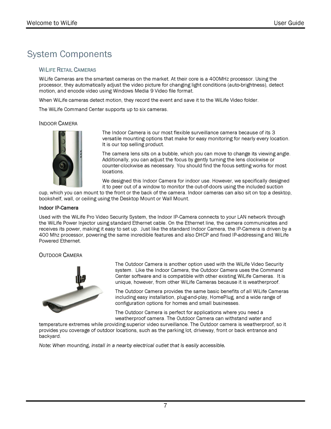 WiLife V2.5 manual System Components, Wilife Retail Cameras, Indoor IP-Camera 