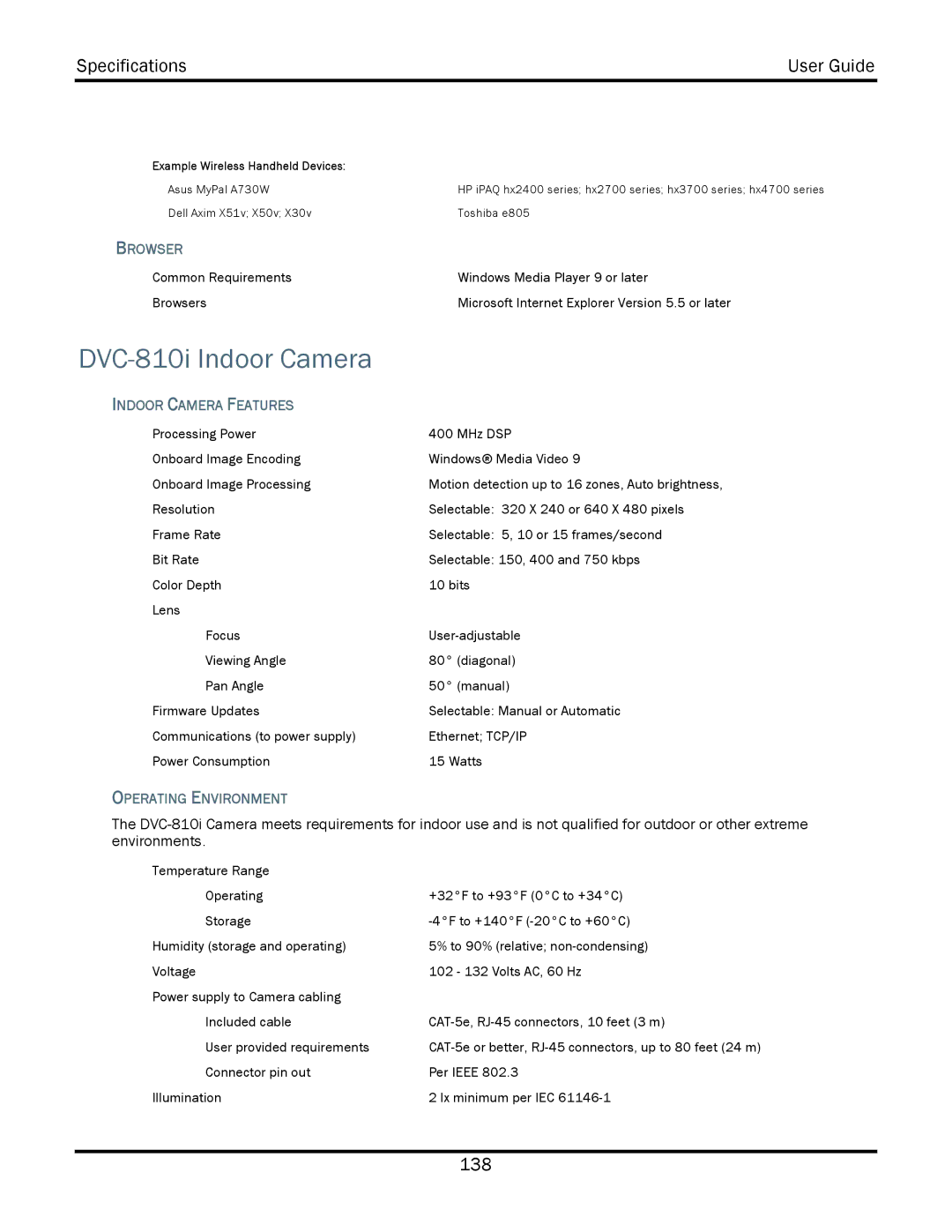 WiLife V2.5 manual DVC-810i Indoor Camera, Indoor Camera Features, Operating Environment 