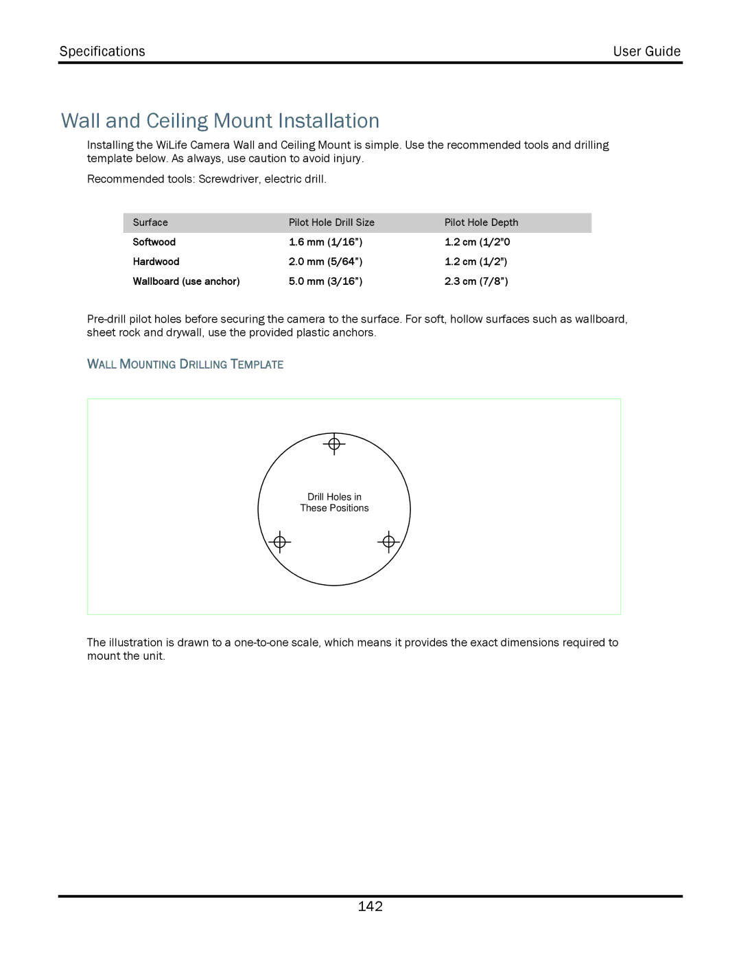 WiLife V2.5 manual Wall and Ceiling Mount Installation, Wall Mounting Drilling Template 