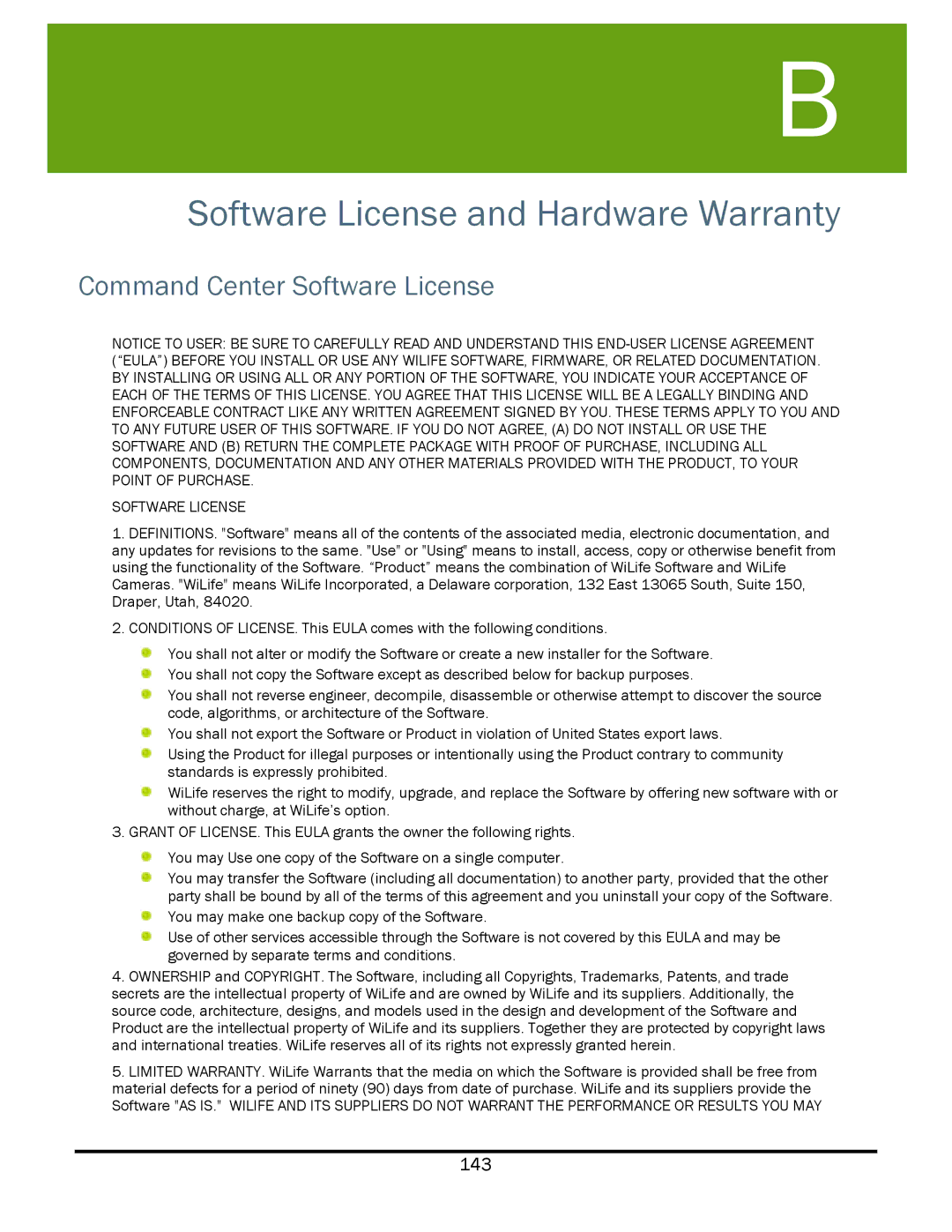 WiLife V2.5 manual Software License and Hardware Warranty, Command Center Software License 