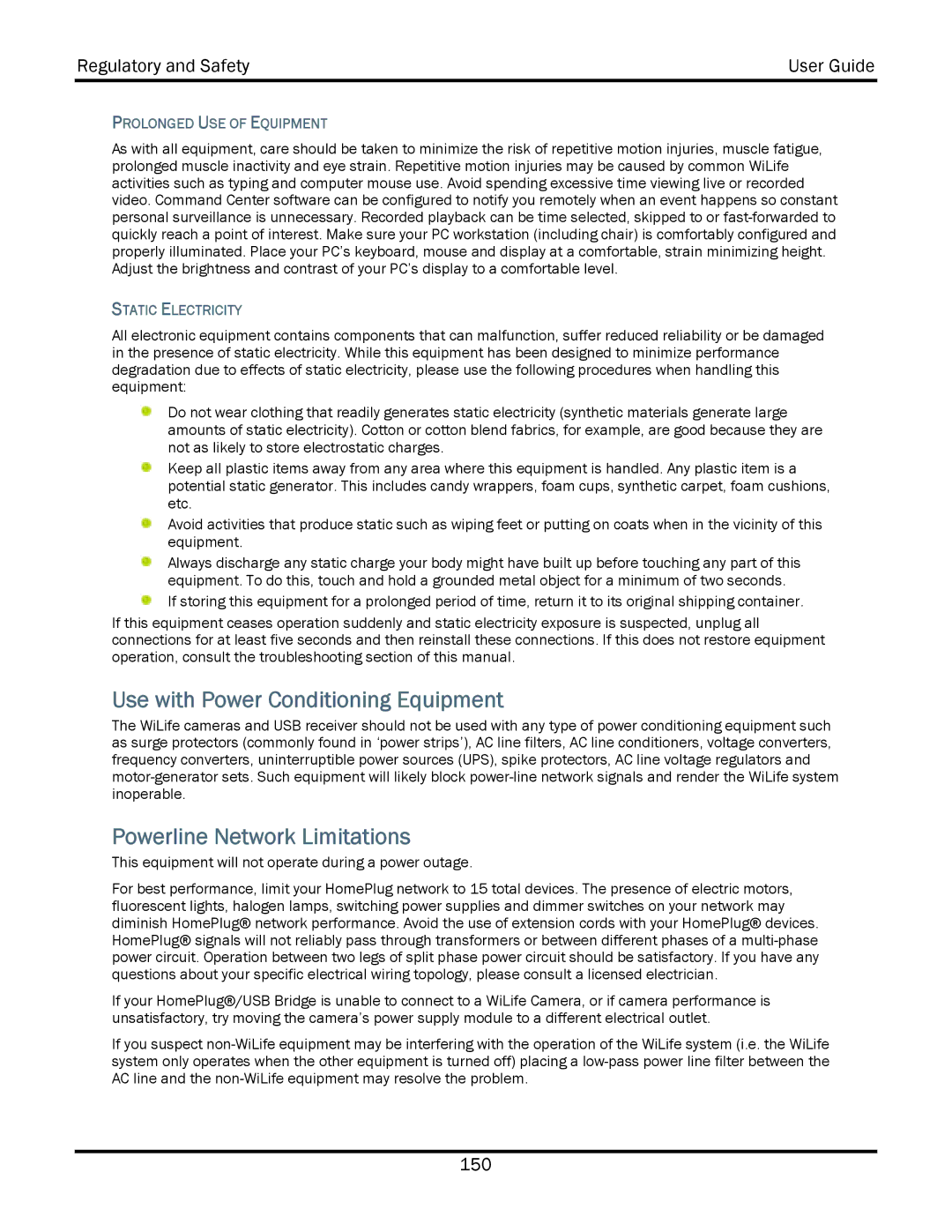 WiLife V2.5 manual Use with Power Conditioning Equipment, Powerline Network Limitations, Prolonged USE of Equipment 