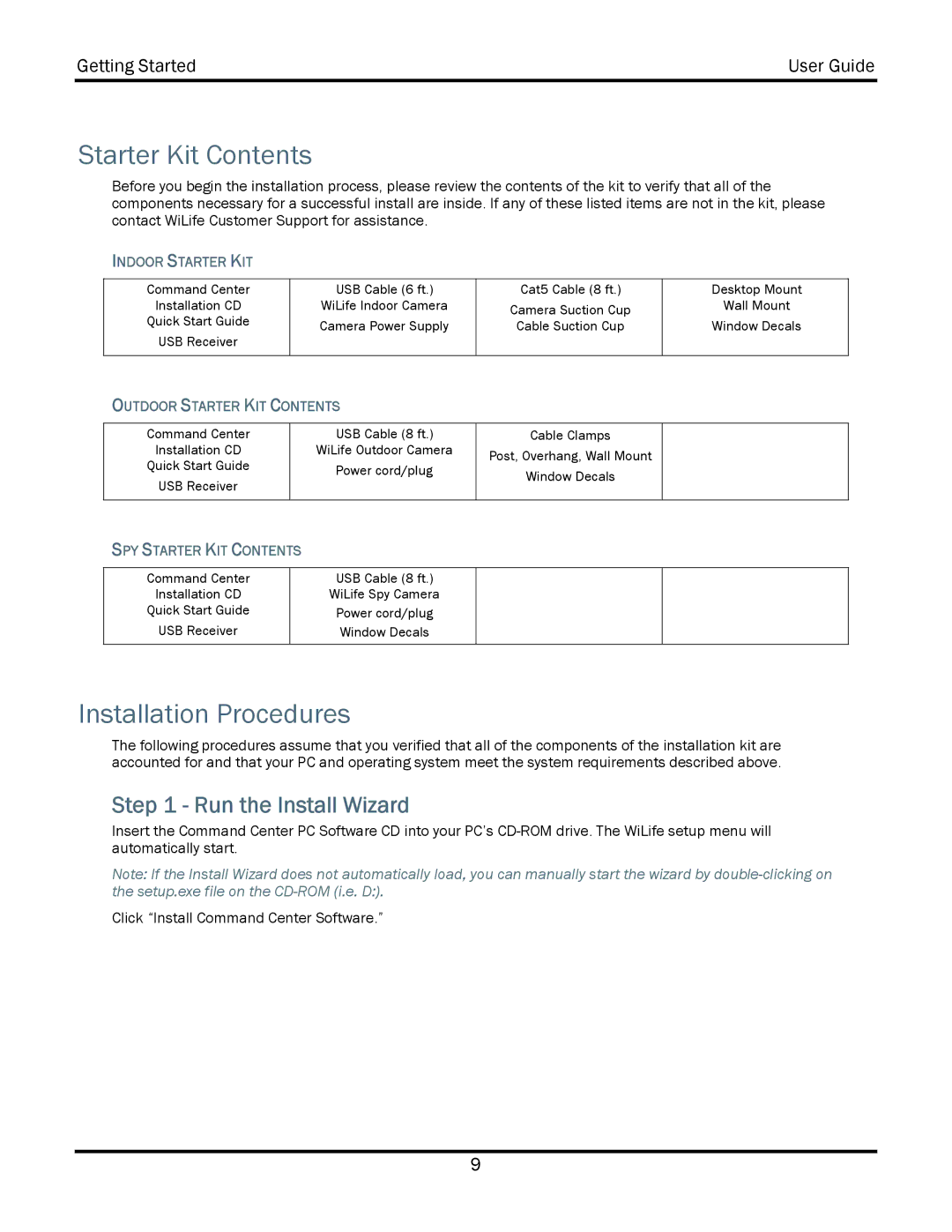 WiLife V2.5 manual Starter Kit Contents, Installation Procedures 