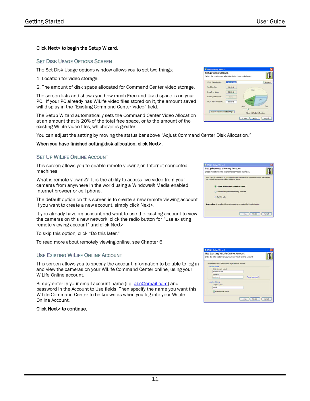 WiLife V2.5 manual SET Disk Usage Options Screen, SET UP Wilife Online Account, USE Existing Wilife Online Account 