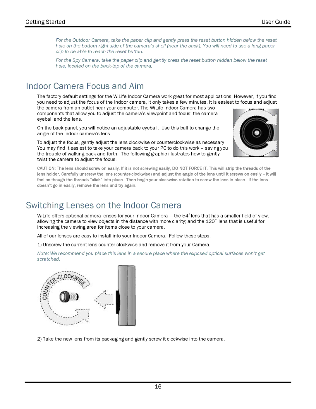 WiLife V2.5 manual Indoor Camera Focus and Aim, Switching Lenses on the Indoor Camera 