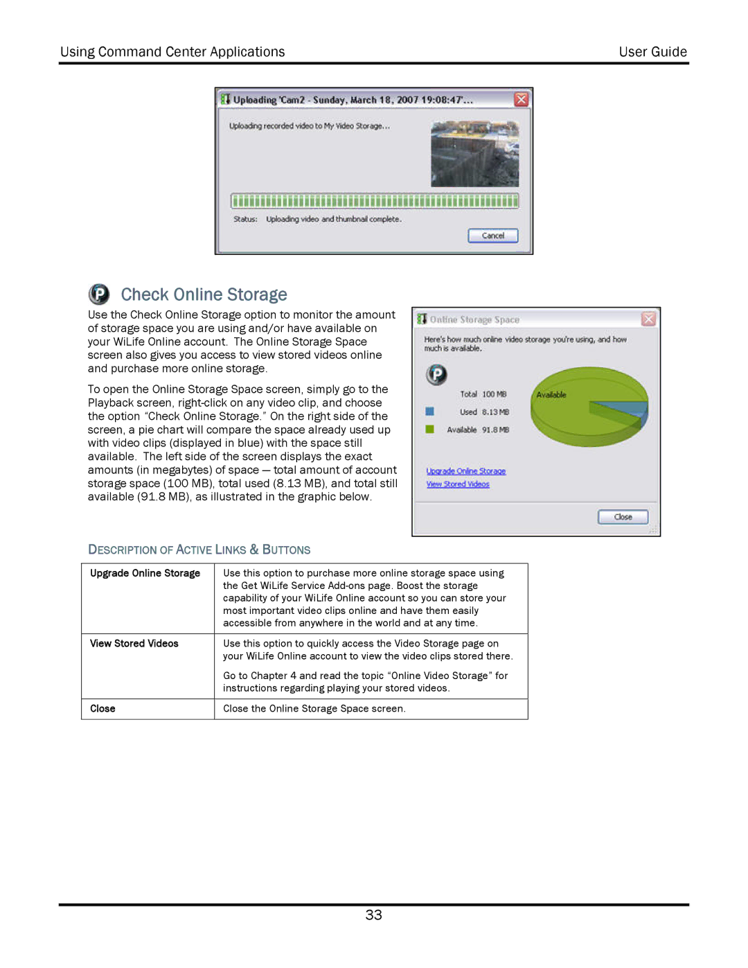 WiLife V2.5 manual Check Online Storage, Description of Active Links & Buttons, View Stored Videos, Close 