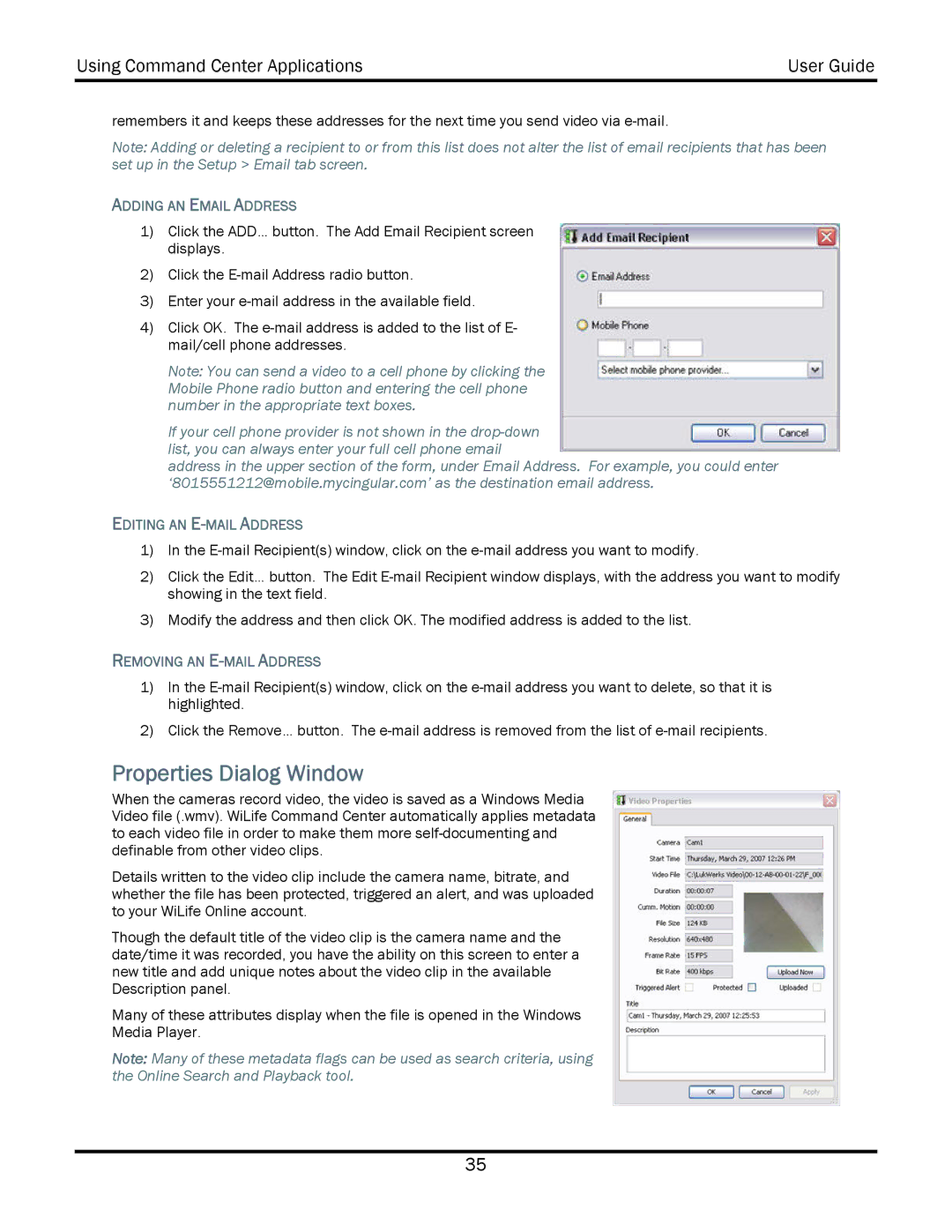 WiLife V2.5 manual Properties Dialog Window, Adding AN Email Address, Editing AN E-MAIL Address, Removing AN E-MAIL Address 