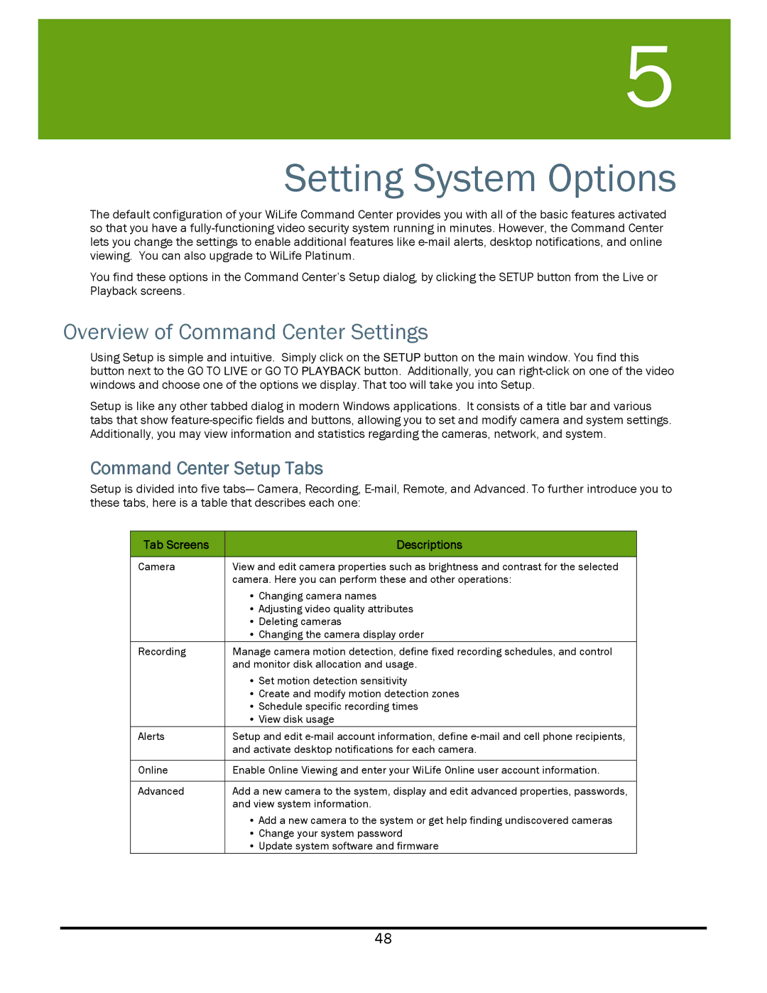 WiLife V2.5 manual Overview of Command Center Settings, Command Center Setup Tabs, Tab Screens Descriptions 