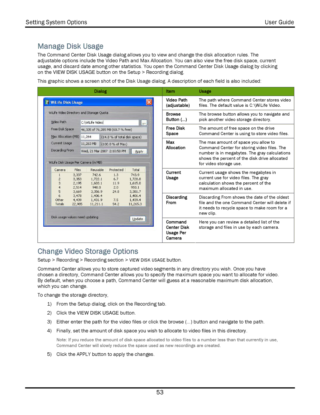 WiLife V2.5 manual Manage Disk Usage, Change Video Storage Options 