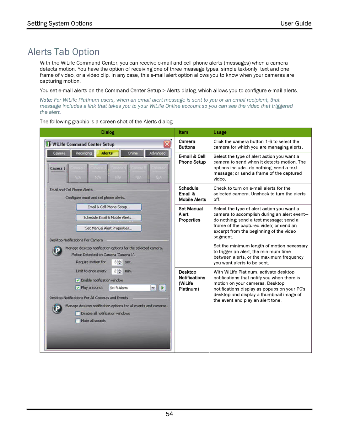 WiLife V2.5 manual Alerts Tab Option 