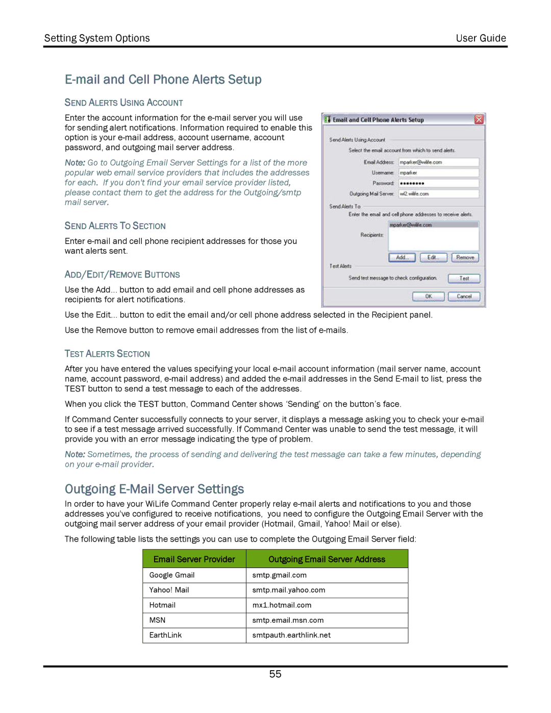 WiLife V2.5 manual Mail and Cell Phone Alerts Setup, Outgoing E-Mail Server Settings 