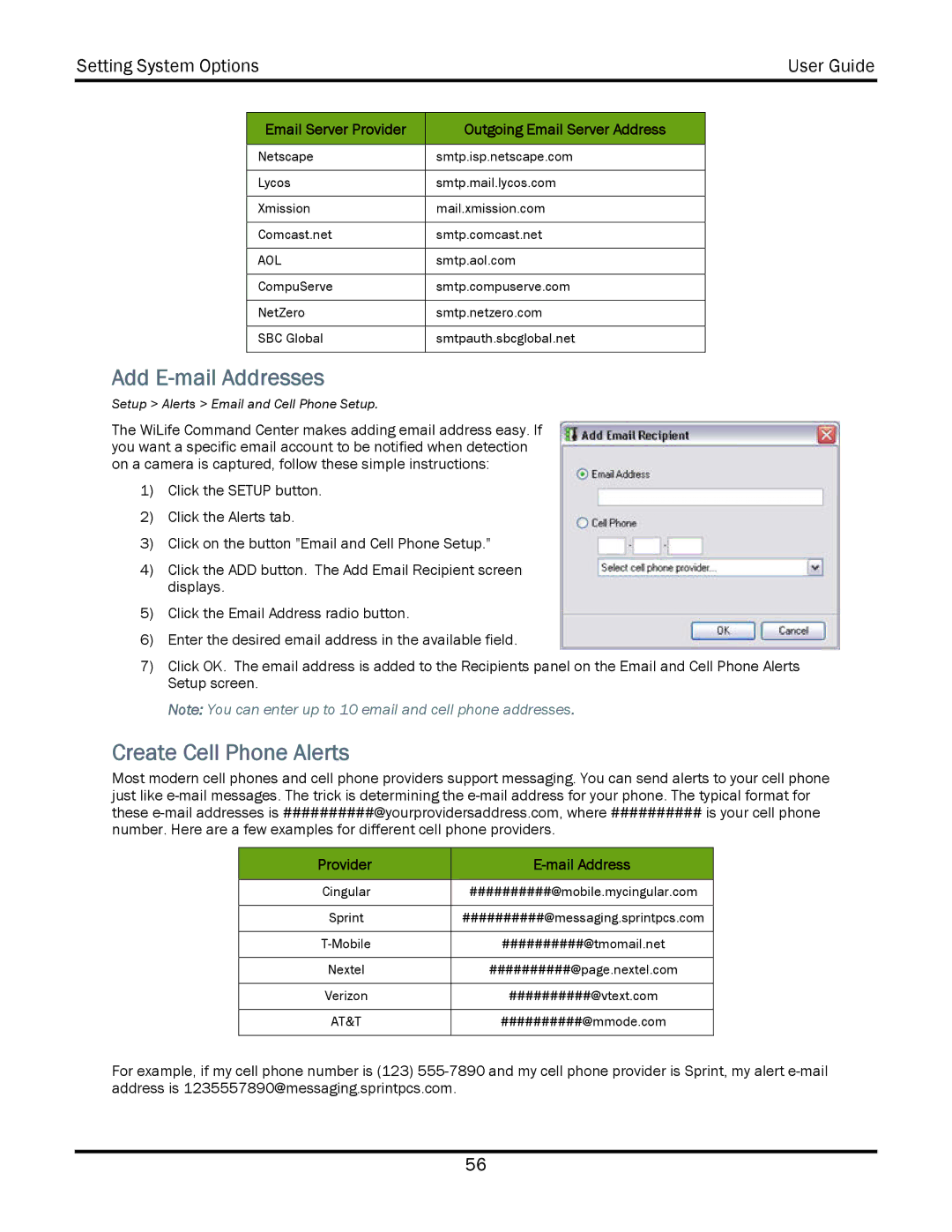 WiLife V2.5 manual Add E-mail Addresses, Create Cell Phone Alerts, Provider Mail Address 