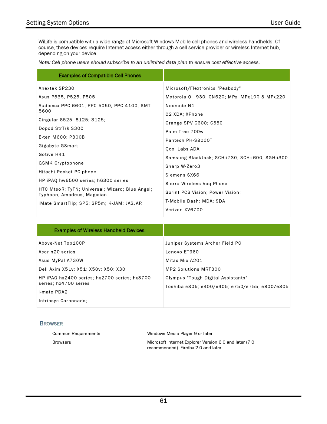 WiLife V2.5 manual Examples of Compatible Cell Phones, Examples of Wireless Handheld Devices, Browser 