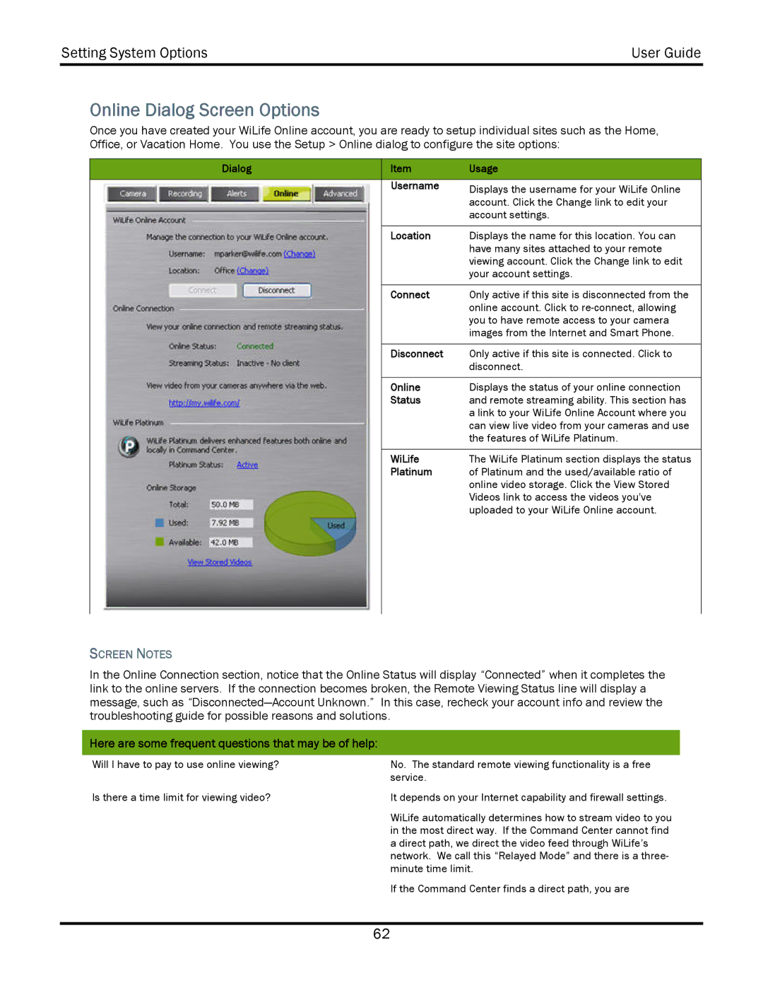 WiLife V2.5 manual Online Dialog Screen Options, Screen Notes, Here are some frequent questions that may be of help 